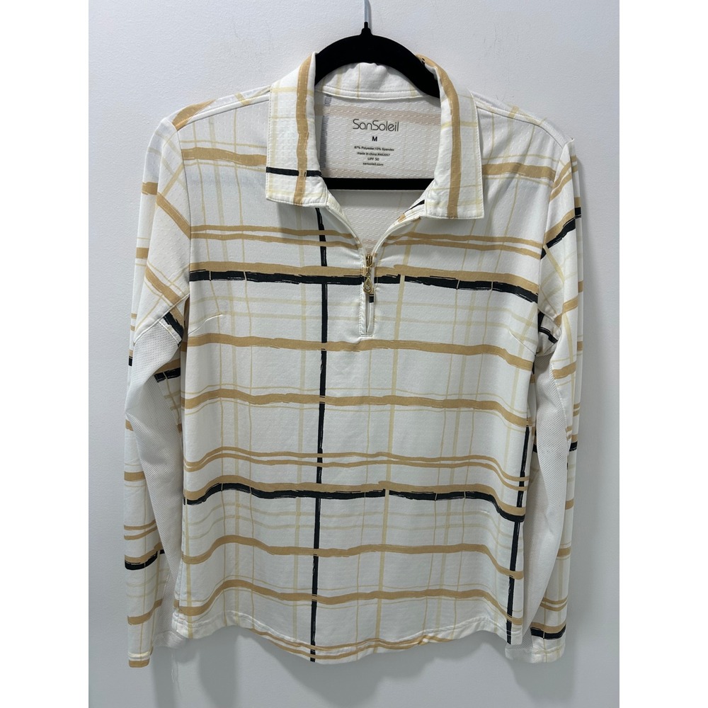 SanSoleil SolCool Womens Golf Top M White Plaid UPF 50 Long Sleeve Quarter Zip
